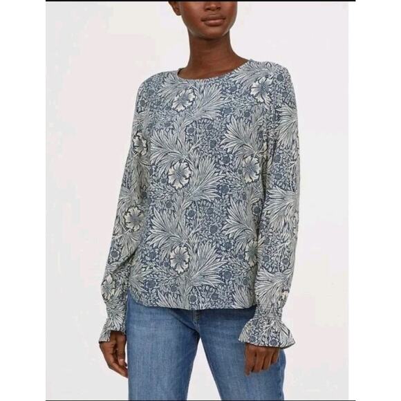 Morris & Co x H&M Womens Floral Smocked Sleeve Blouse Sz 2 Blue Romantic - Picture 7 of 10